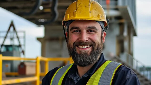 smiling engineer or worker wearing protective cap at construction site	
