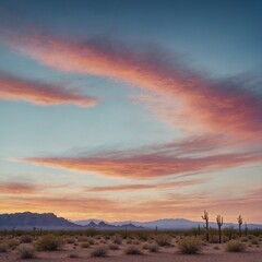 A translucent watercolor of a desert at dawn, the sky painted in soft pastels.