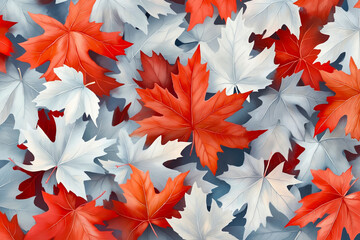 Fototapeta premium A bunch of red and white maple leaves on a blue background