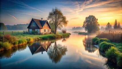 Fototapeta premium House by Serene Stream at Dawn, calming scene , water features, calming scene
