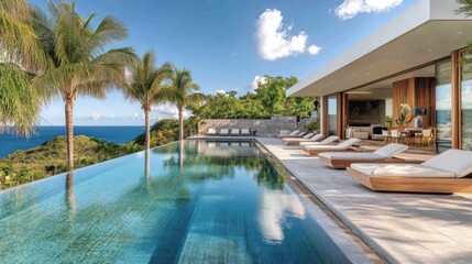 Fototapeta premium A luxurious villa with a stunning infinity pool, surrounded by palm trees and offering breathtaking ocean views.