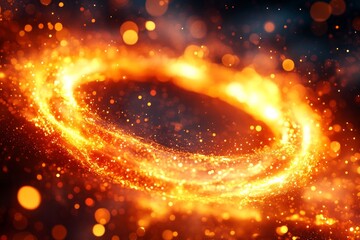Naklejka premium Swirling orange and golden light creates a captivating cosmic effect in the dark background