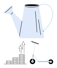 Watering can pouring growth over buildings with arrows indicating business success, and scooter for innovation. Ideal for sustainability, business growth, investment, mobility, progress, strategy