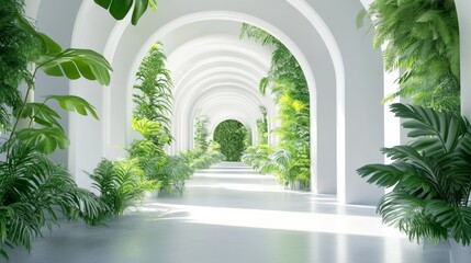 Fototapeta premium 3D rendering of a white walkway with trees and green leaves. tropical plant background