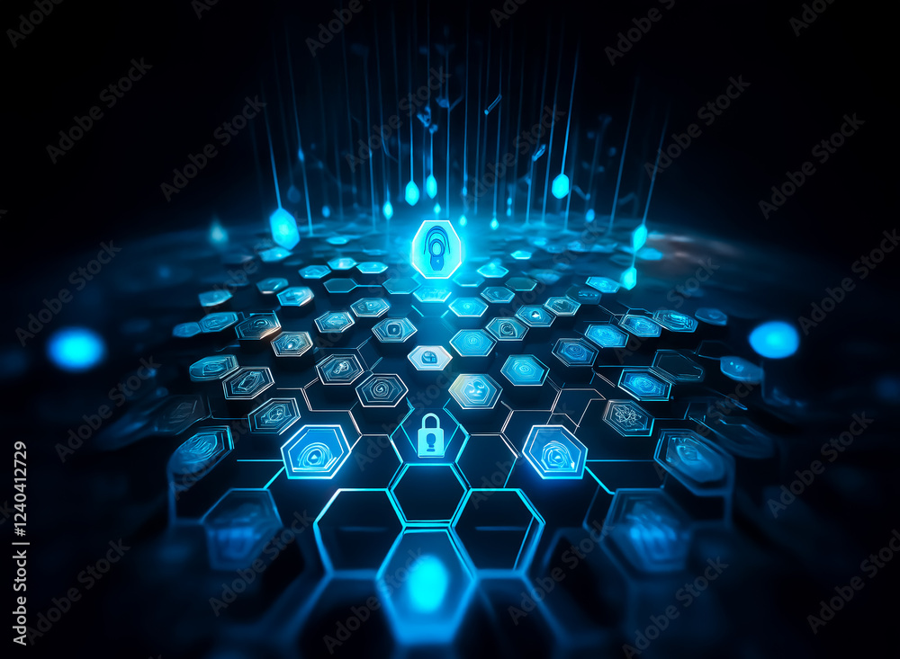 Aufkleber Abstract digital art depicting a futuristic network security system.  Glowing blue hexagons, data streams, and security icons form a complex, interconnected system.  A central lock icon represents cor