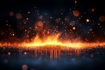 Fototapeta premium Dynamic spark of flames and ember particles illuminating a dark surface at night