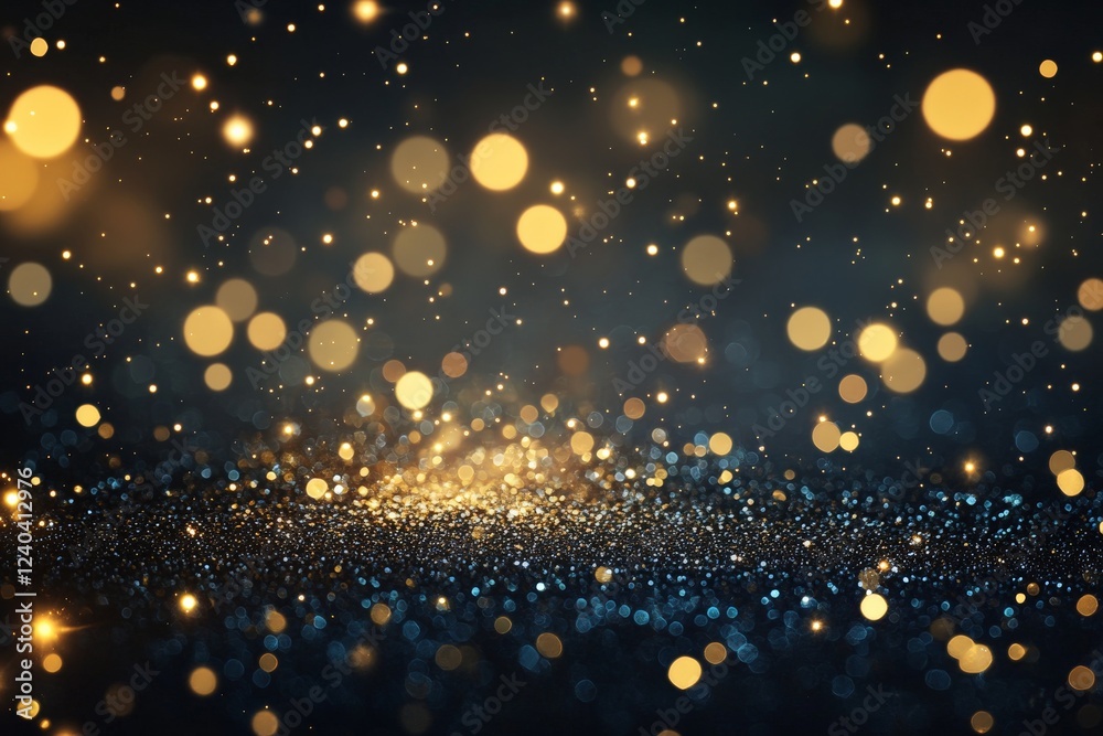 Poster Glittering bokeh effect with warm golden lights over a dark background creating a festive and cheerful atmosphere during a celebration