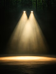 A dramatic stage lighting setup illuminating a circular area on the ground creates a mysterious ambiance, ideal for use in theatrical promotions, music events, or inspirational content,