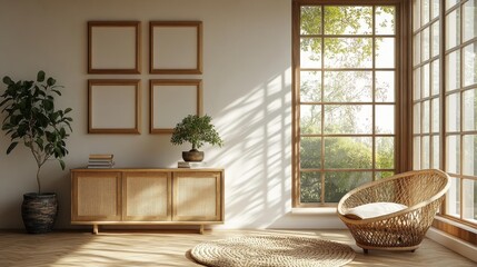 Bright Minimalist Living Room with Greenery. Generative AI