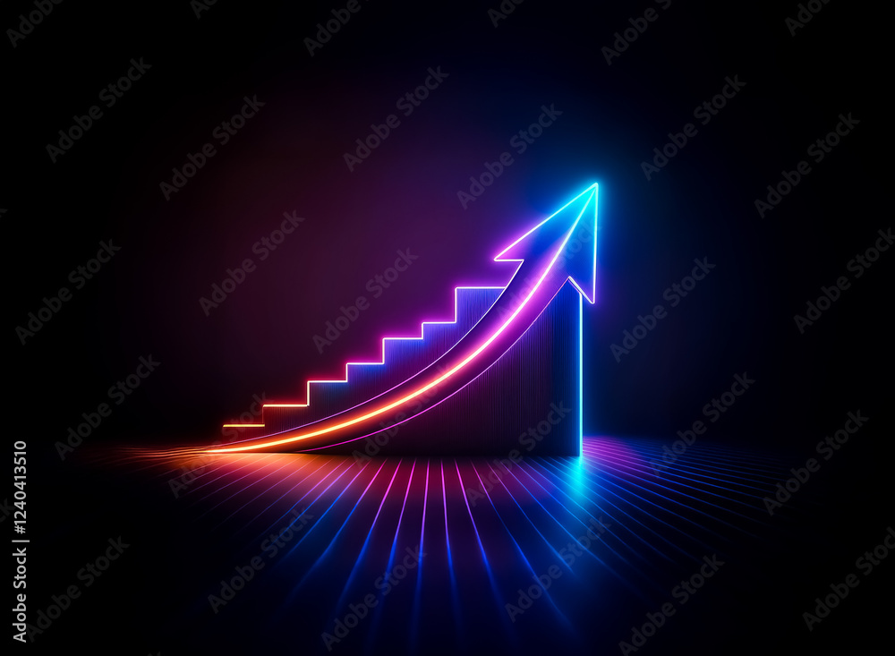 Poster neon arrow ascending a staircase, symbolizing growth and progress against a dark background. the vib