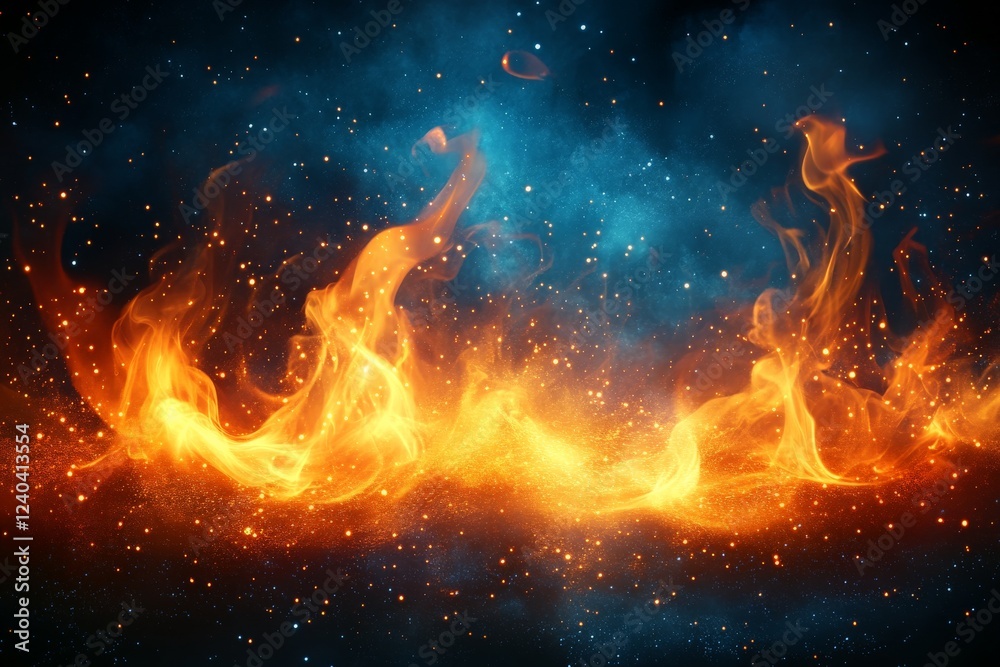Aufkleber Dynamic flames merge with a starry cosmic backdrop, creating a mesmerizing visual spectacle in a dark environment