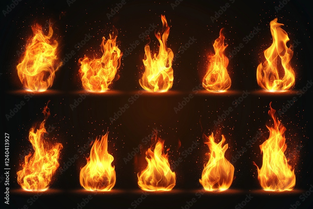 Aufkleber Various flames dancing with intensity on a dark background showcasing different shapes and sizes of fire