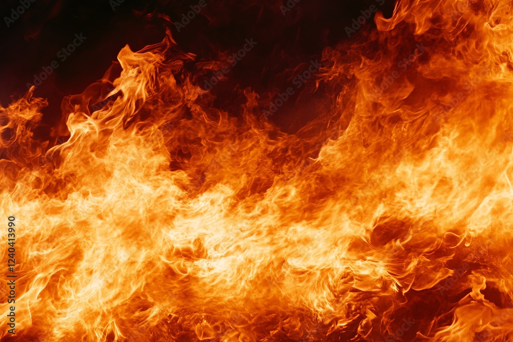 Poster intense flames engulfing space, showcasing vivid orange and yellow hues in a dynamic display of fire