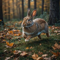Fototapeta premium A graceful rabbit running through an enchanted autumn forest.