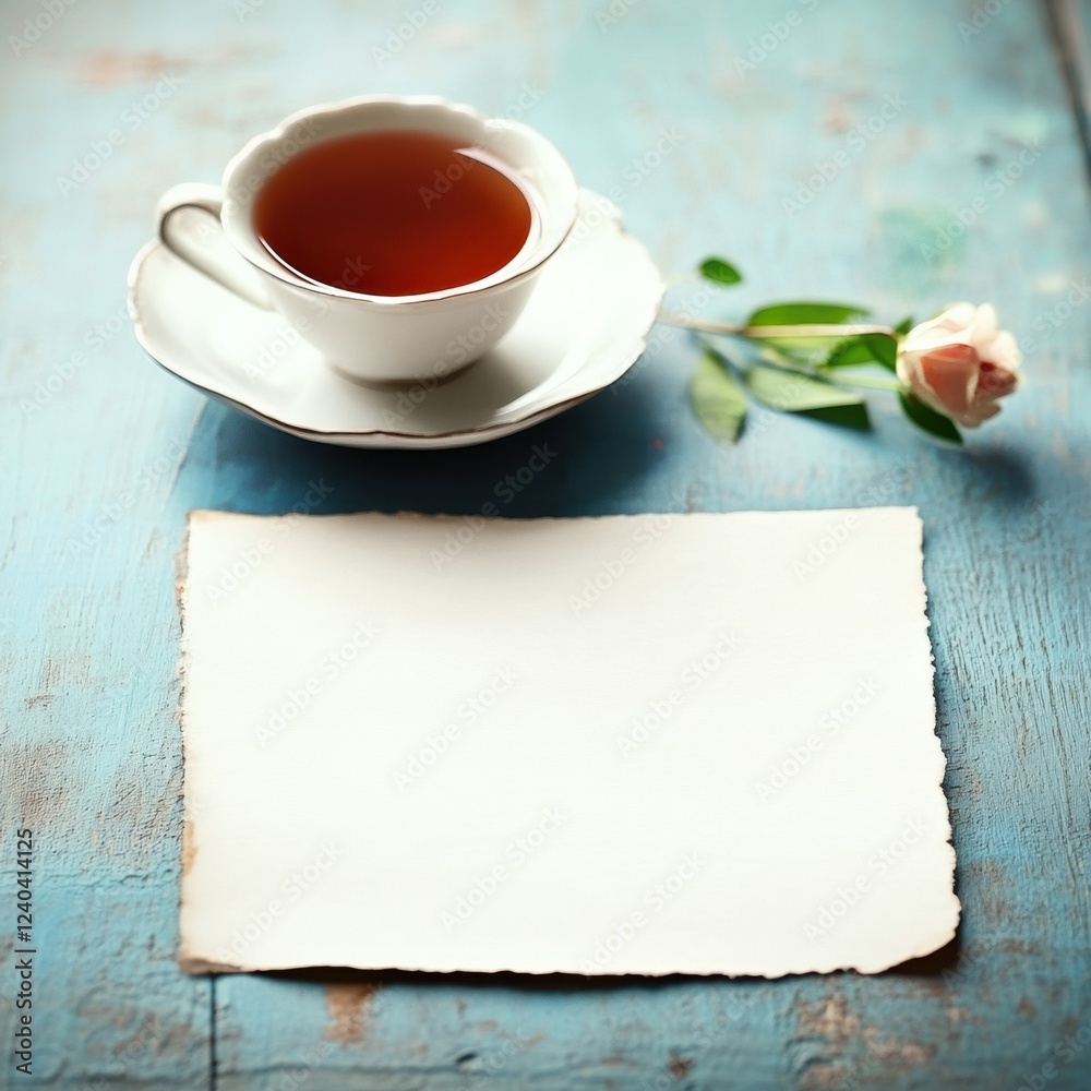 Aufkleber Cozy tea setting with an empty space for writing notes and a delicate flower nearby. Generative AI