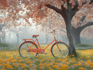 Fototapeta premium Bicycle Resting Under Blossoming Trees in a Vibrant Spring Meadow With Wildflowers