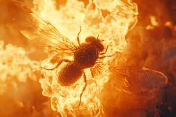 Flame-engulfed insect caught in motion amidst a blaze of colors in a dramatic display of nature's fury