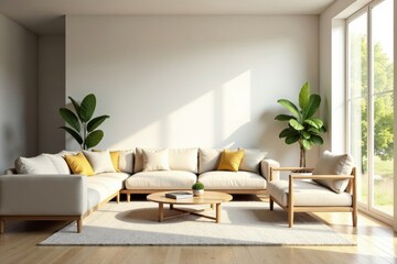 Spacious living room, large empty wall, natural light, design, lines, home