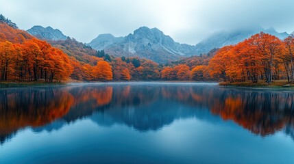 Fototapeta premium Autumn lake, mountain reflection, misty sunrise, calm (1)