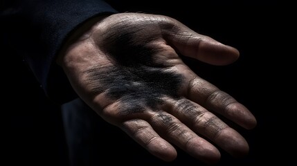 Fototapeta premium Dirty Hand Palm Closeup Dark Background Abstract
