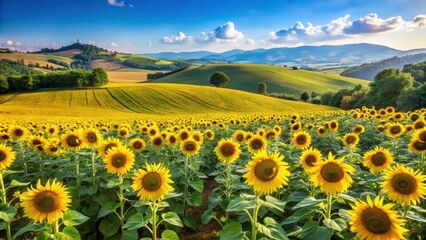 Fototapeta premium Field of sunflowers in an Umbrian countryside with green hills and blue sky, countryside, crop, countryside, crop