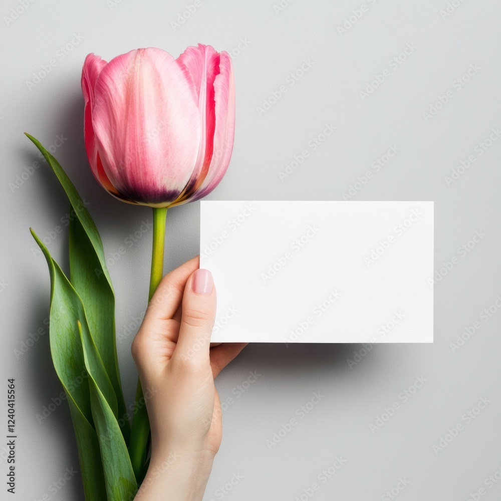 Poster Hand holding blank card next to pink tulip against a soft gray background suitable for personal messages or invitations. Generative AI