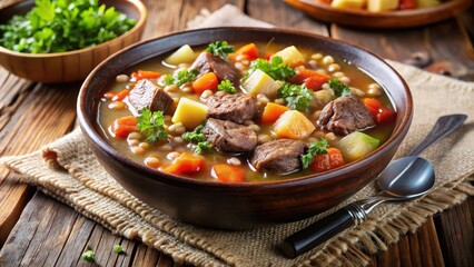 Hearty beef stew with vegetables and barley in a savory broth, homestyle cooking,