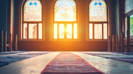 Fototapeta premium Sunlit Mosque Interior: A Serene Space for Prayer and Reflection