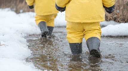 Children in yellow boots splashing in snowy stream