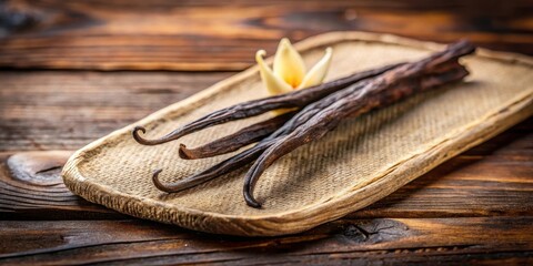 Aromatic open vanilla pod on a rustic wooden olive board , earthy, culinary,  earthy, culinary, warm,vanilla pod, olive board