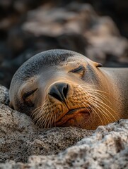 Fototapeta premium Relaxing sea lion galapagos islands wildlife photography rocky environment close-up view nature conservation