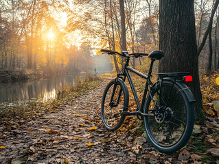 Fototapeta premium Bicycle Rests Against a Tree by the Lakeside During a Serene Sunset
