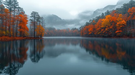 Autumn lake reflection, misty mountains (3)