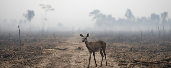 pm 2.5 particles impact concept. Deer in a deforested area surrounded by fog and barren land.