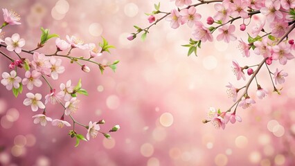Delicate cherry blossom branches against a soft pink background, with intricate floral patterns and subtle green foliage , flowers, pink background