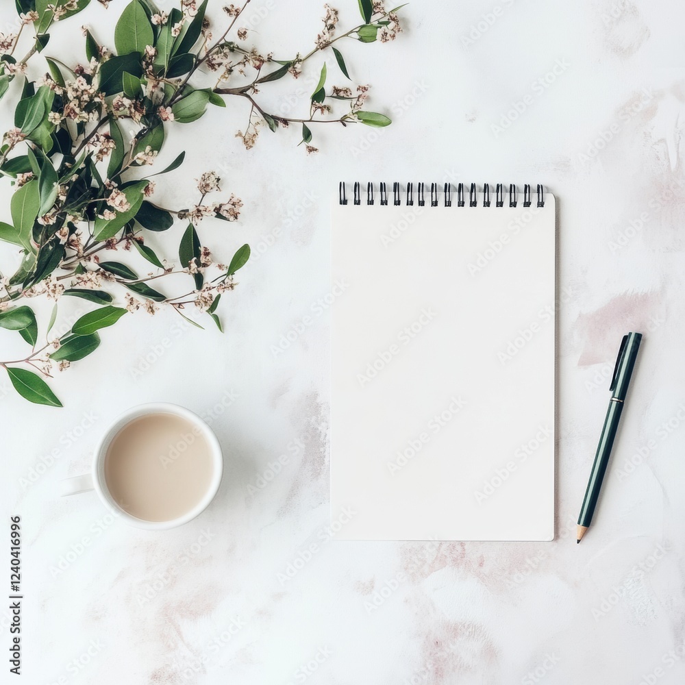 Poster cozy workspace with empty notepad coffee cup and green foliage in bright natural light for creative 