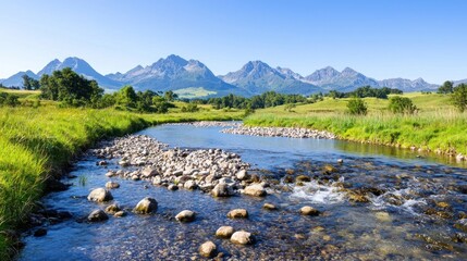 Serene River Winding Through Green Valley With Majestic Mountains in Background