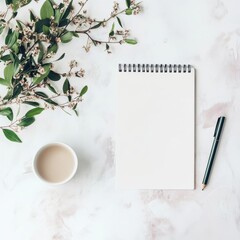 Cozy workspace with empty notepad coffee cup and green foliage in bright natural light for creative ideas. Generative AI