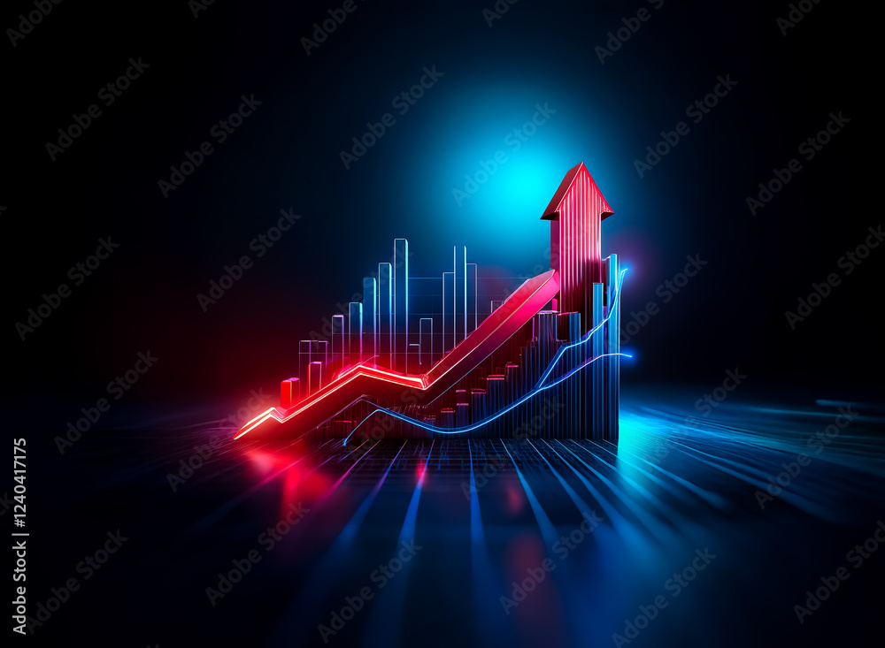 Poster glowing red arrow ascends a neon blue bar graph, symbolizing growth and progress in a dark, futurist