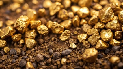Obraz premium Close-up of rough dirt with small gold nuggets,, dirt, geological formation, dirt