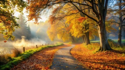 Fototapeta premium Autumn morning landscape with misty atmosphere, vibrant foliage and winding path