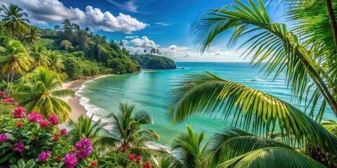 Obraz premium Lush green vegetation surrounds tranquil turquoise water at Uvita Beach in Costa Rica with a mix of swaying palm trees and exotic flowers , uvita beach, palm trees