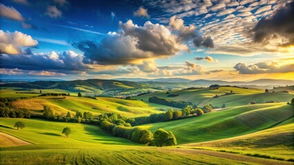 Panoramic view of a serene landscape with rolling hills and vast sky