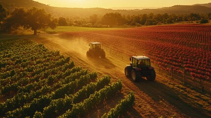 Fototapeta premium Golden Hour Harvest: Two Tractors Working in a Vineyard
