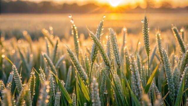 Softly illuminated winter wheat field with dew drops glistening on its leaves and stalks, creating a serene and peaceful atmosphere , fields, peacefulness