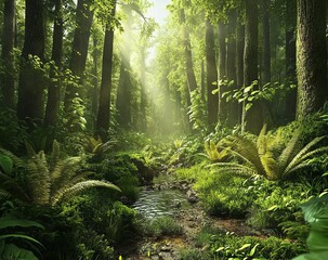 Sunlit forest stream, lush vegetation, tranquil nature scene, eco poster