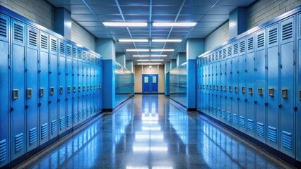 Blue metal lockers lined up in a nondescript high school hallway with windows overlooking a dimly lit corridor, institutional interior, windows