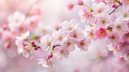 Soft pink cherry blossoms in full bloom against a white seamless background