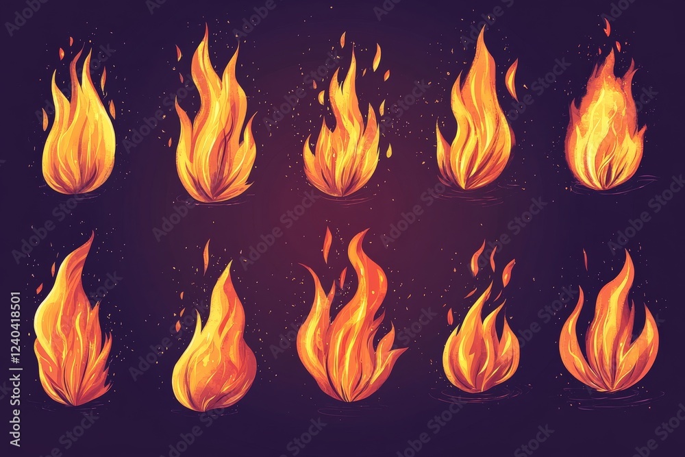 Poster various depictions of flames showcasing vibrant colors and unique shapes against a dark background