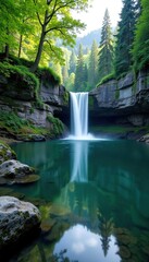 Obraz premium Reflective forest lake with gentle waterfall flow, reflection, lake